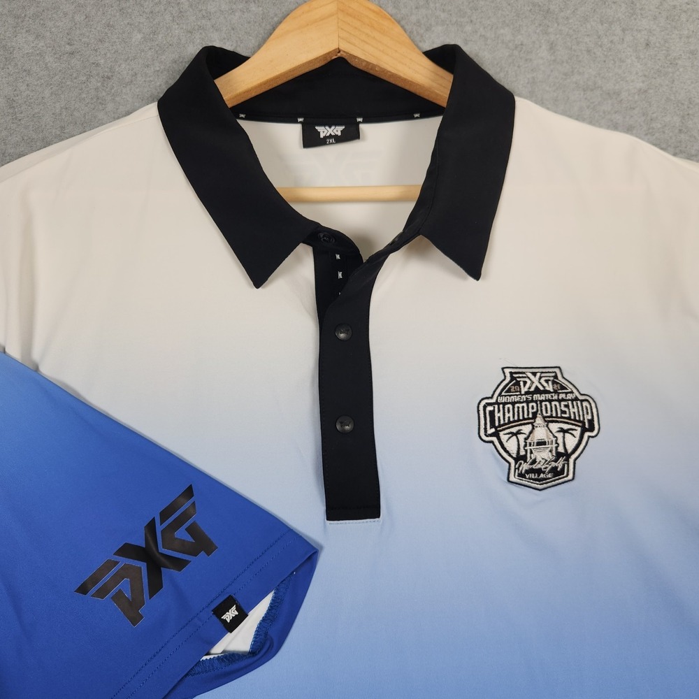 PXG Polo Shirt Mens 2XL Blue White Parsons Xtreme Golf Performance Stretch